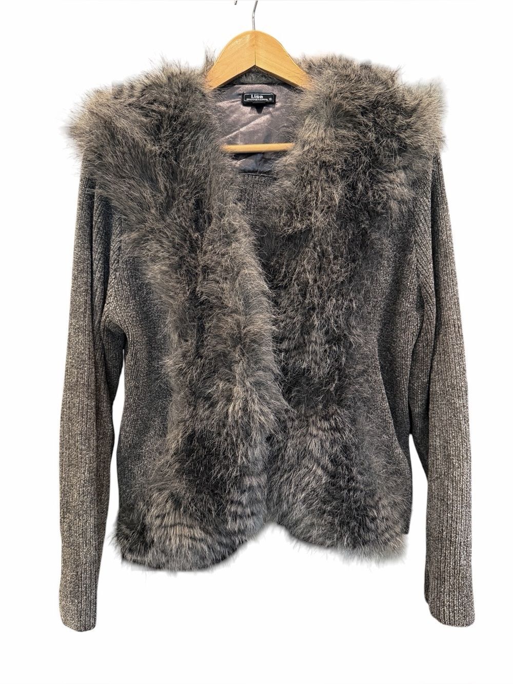 Lisa International Faux Fur Trim Knit Sweater Jacket Y2K Retro Brown Gray XL - Picture 2 of 10